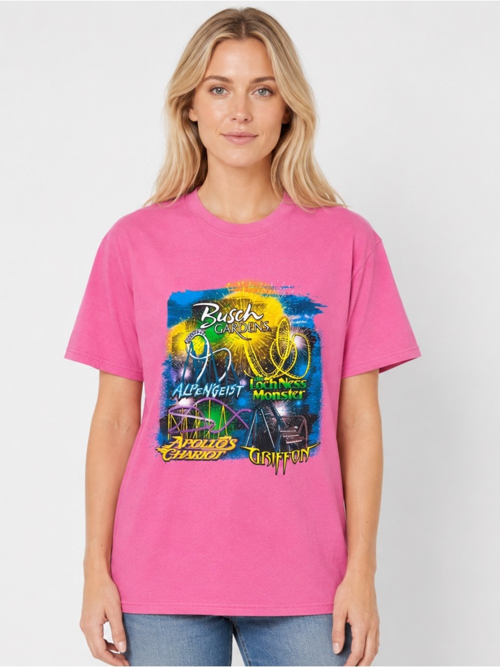 Vintage Busch Gardens Pink Graphic Roller Coasters of Virginia T-shirt Size M